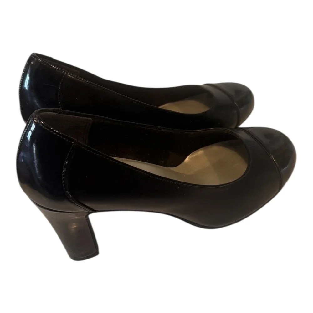 LifeStride Simply Comfort Black Patent Cap Toe Pumps Block Heel Shoes Womens 11M